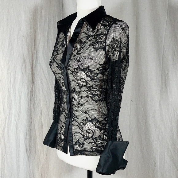 ZARA black lace blouse with satin trim, S, EUC without tags - Picture 2 of 7